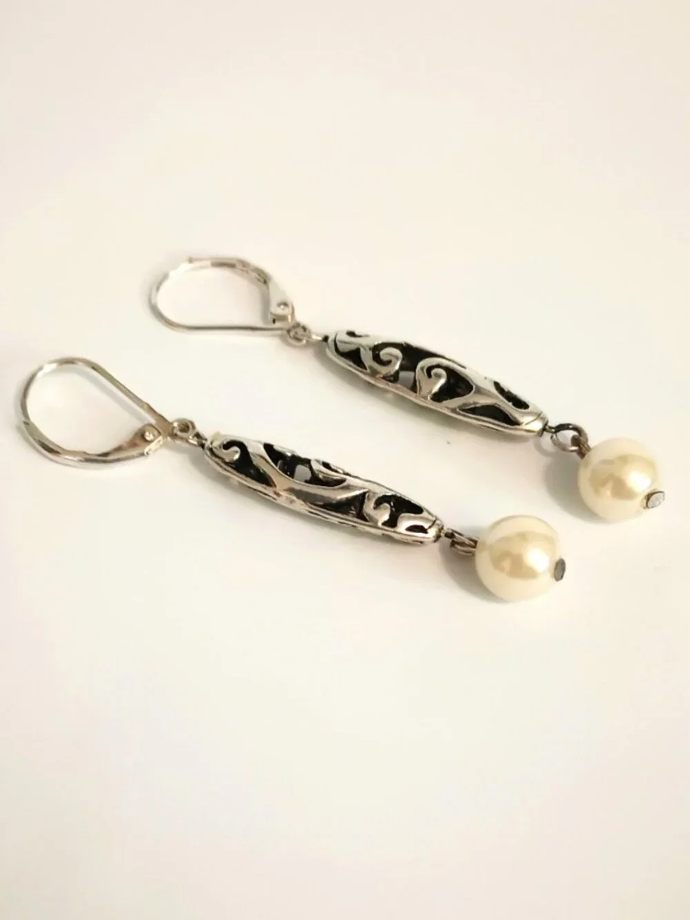 Premier Designs Dangle Pearl Earrings Silver Tone Open Work Scroll Drop Jewelry